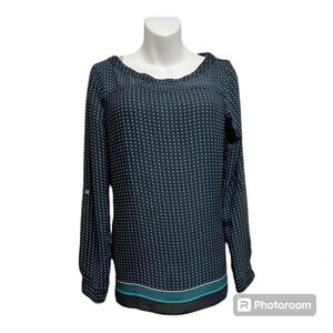 Premise Studio Womans Blouse Size M Polkadot Black/Blue Adjustable sleeve